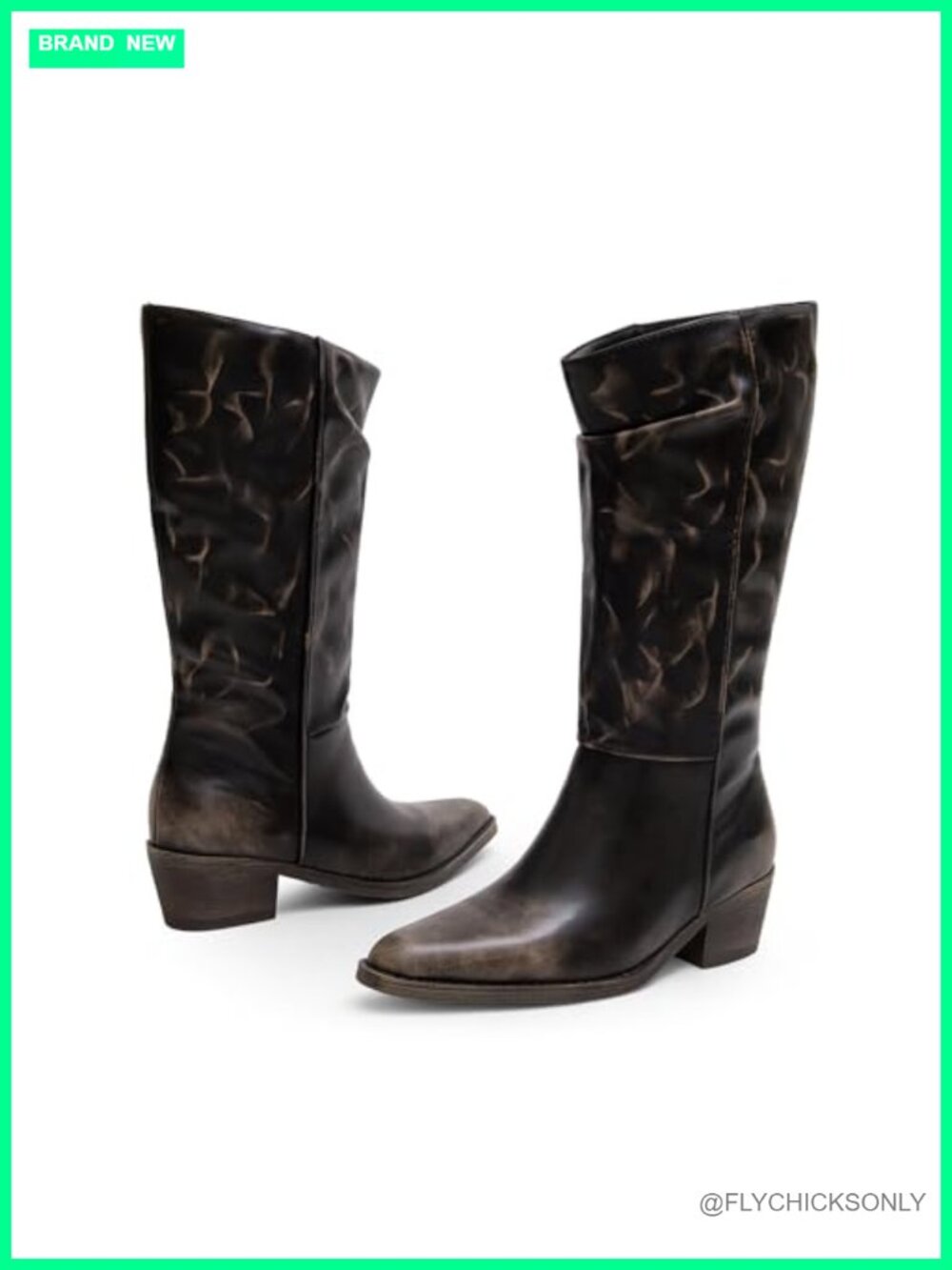 Faux Leather Cowboy Boots Mid Calf Chunky Heel Pull On Western Women